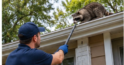 Wildlife technician assessing a raccoon concern at a home in Houston